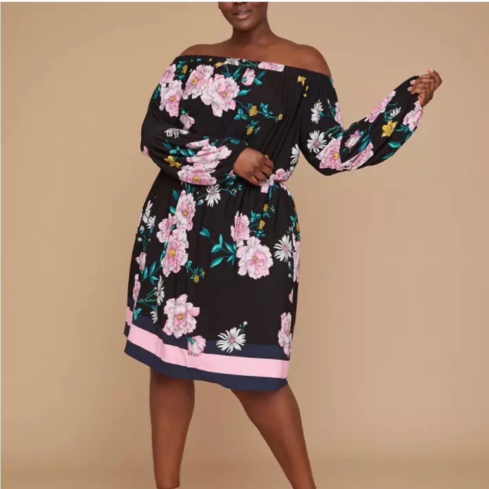 Lane Bryant Off the Shoulder Stretch Knit Knee Length Floral Dress Long Sleeve